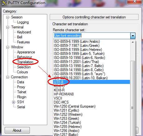 Putty 设定字符编码集的位置：Window - Translation - UTF-8